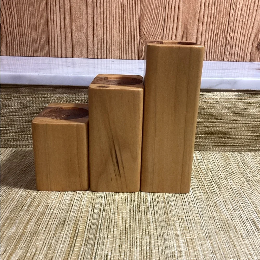 Hand Carved Wooden Graduated Candle Holders with open carving